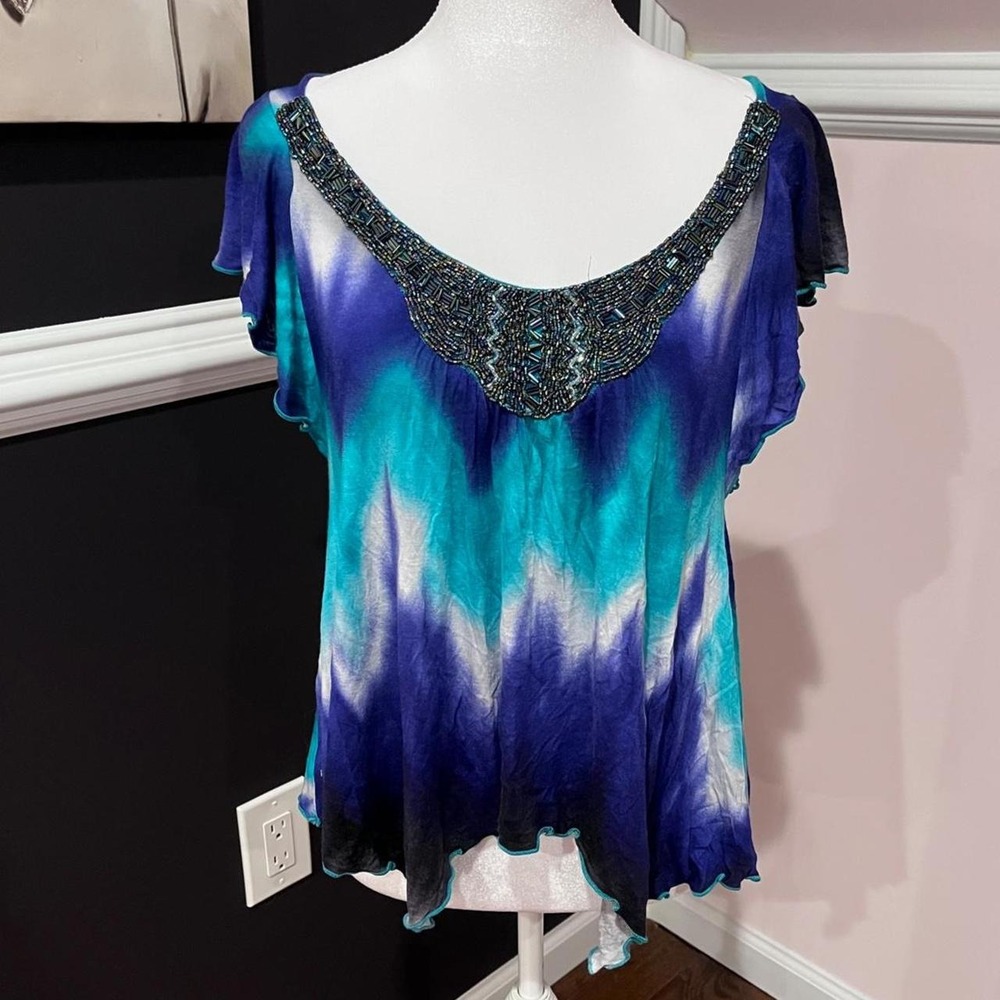 🍟Y2K Purple & Teal Tie Dye Beaded Flowy Top Small
